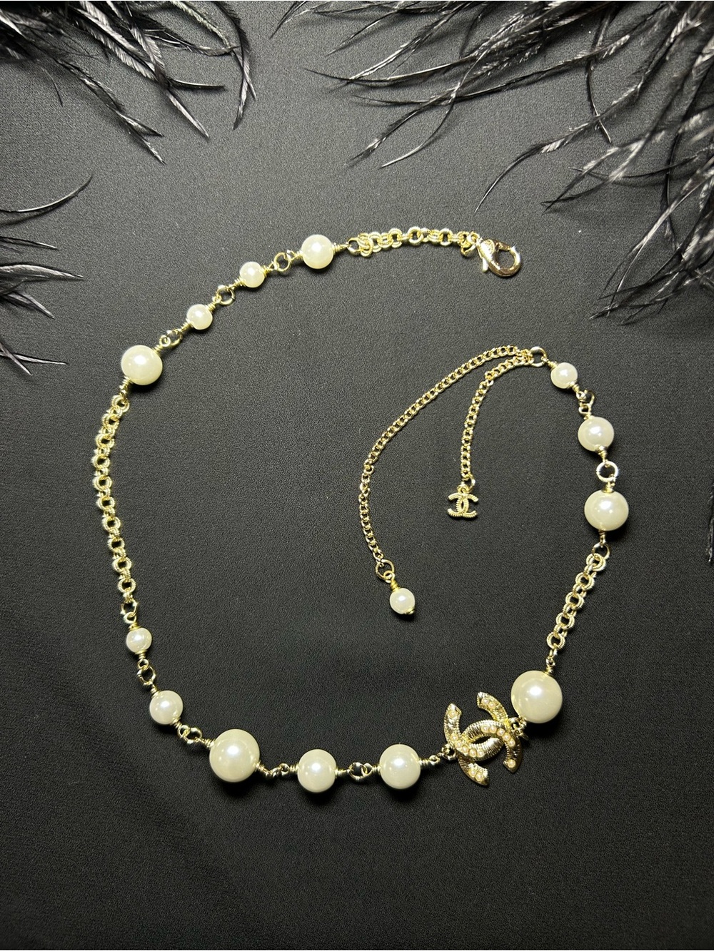 CHANEL Gold-Tone Pearl Necklace with Crystal CC Emblem